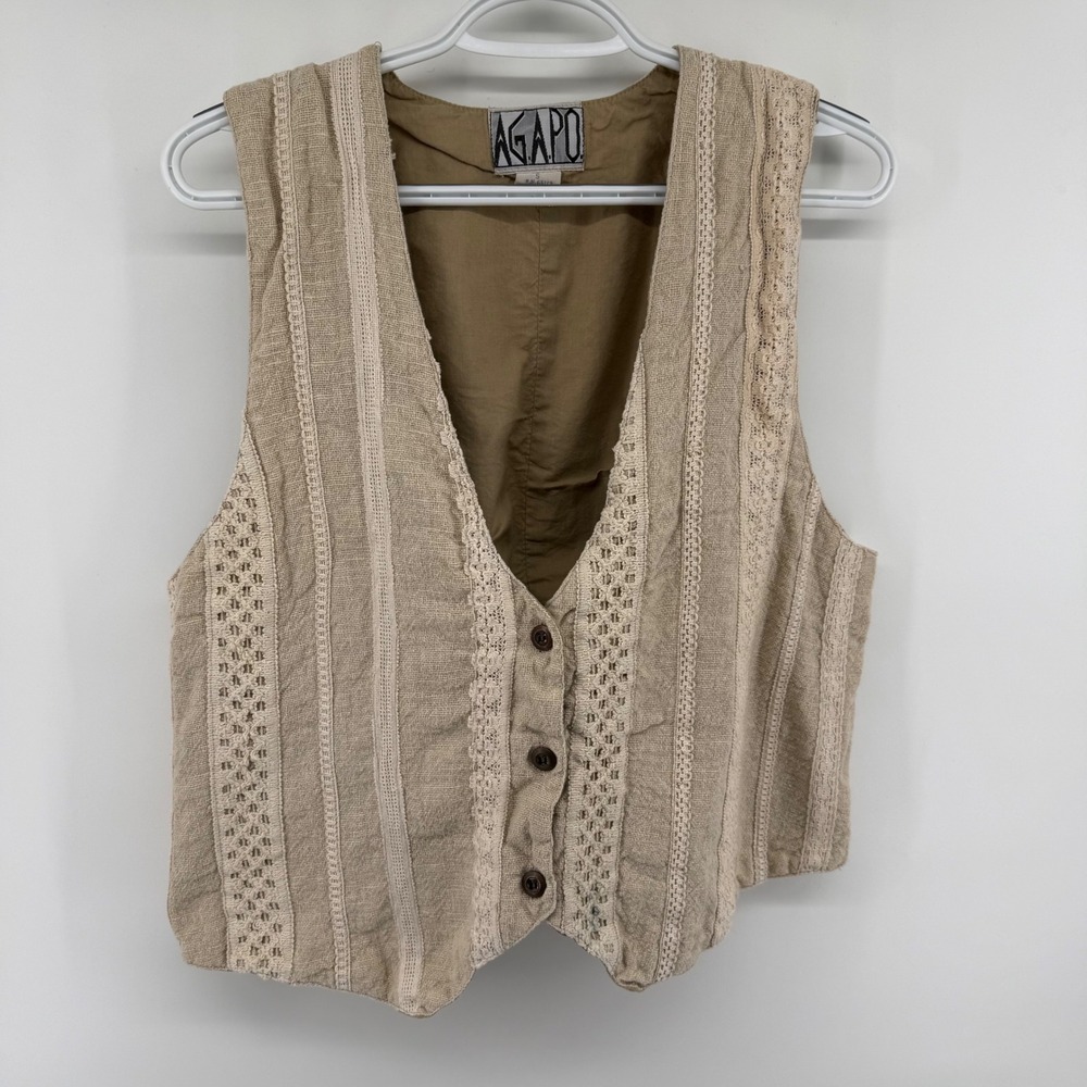 Vintage Crochet Lace Vest Womens Tan Boho Button Front Back‎ Tie Cottagecore S